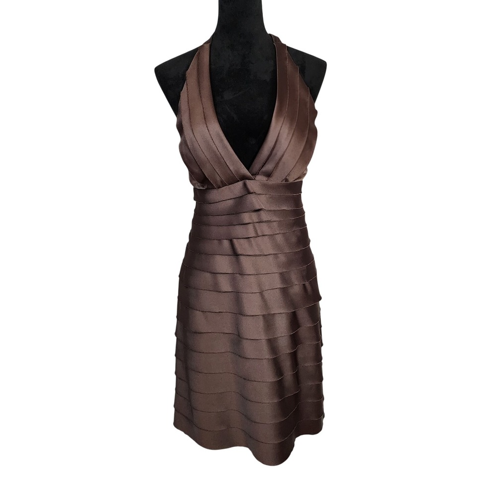 AGB Dress Size 12P Chocolate Brown Satin Deep Plunge V-neck Halter Pleated Party